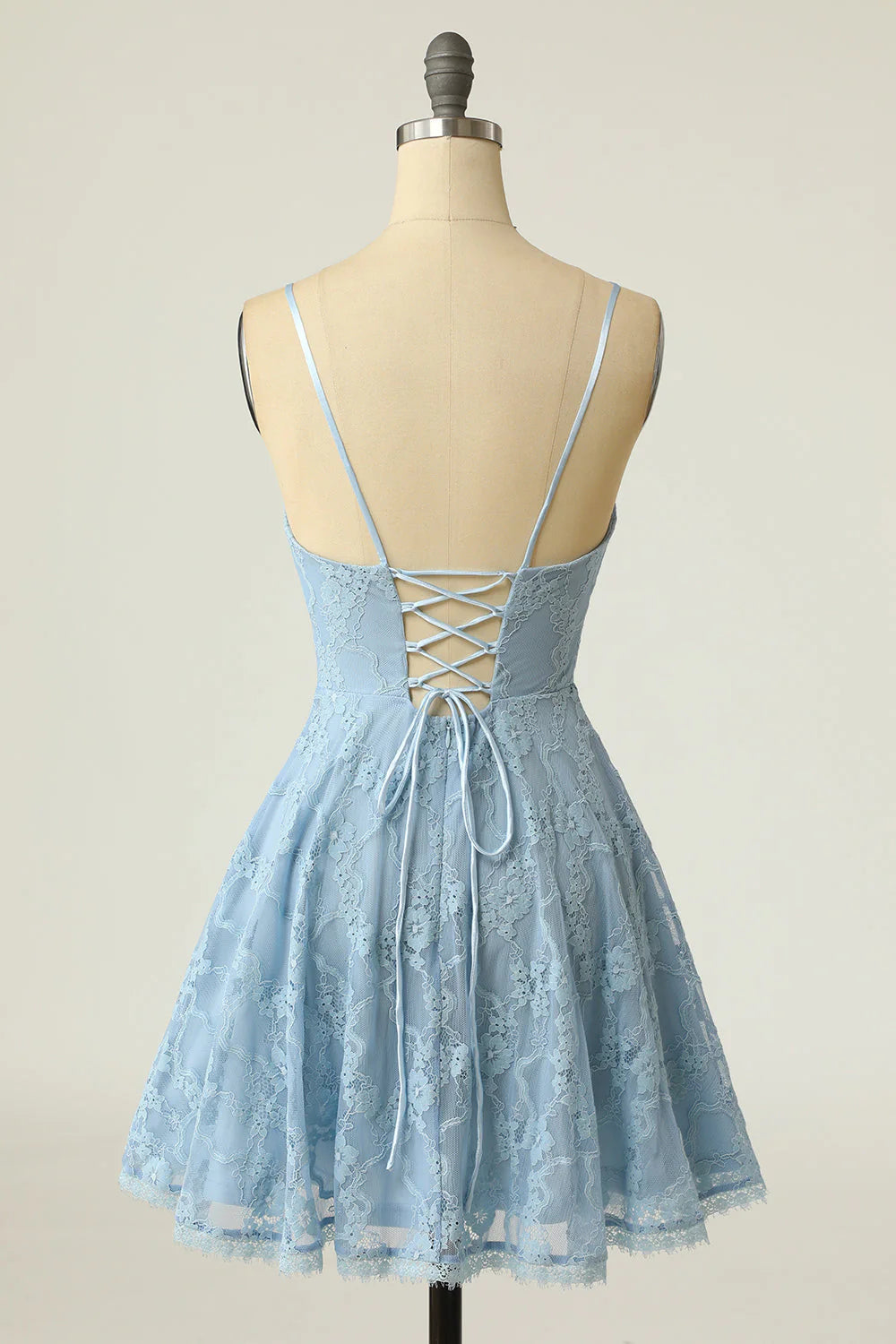 Quyihu Dress Spaghetti Straps Light Blue Lace A-line Homecoming Dress