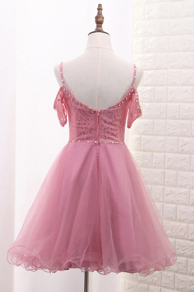 Quyihu Dress Spaghetti Straps Pink Beaded Tulle A-line Short Dress Homecoming Dress