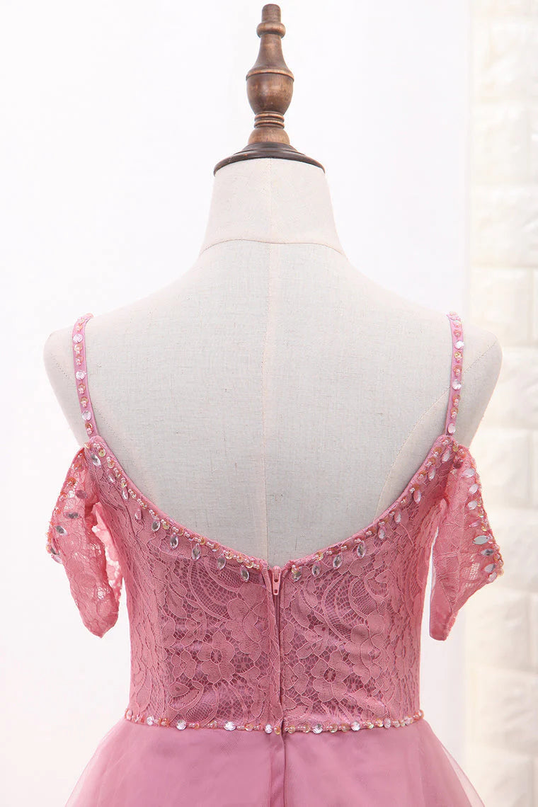 Quyihu Dress Spaghetti Straps Pink Beaded Tulle A-line Short Dress Homecoming Dress
