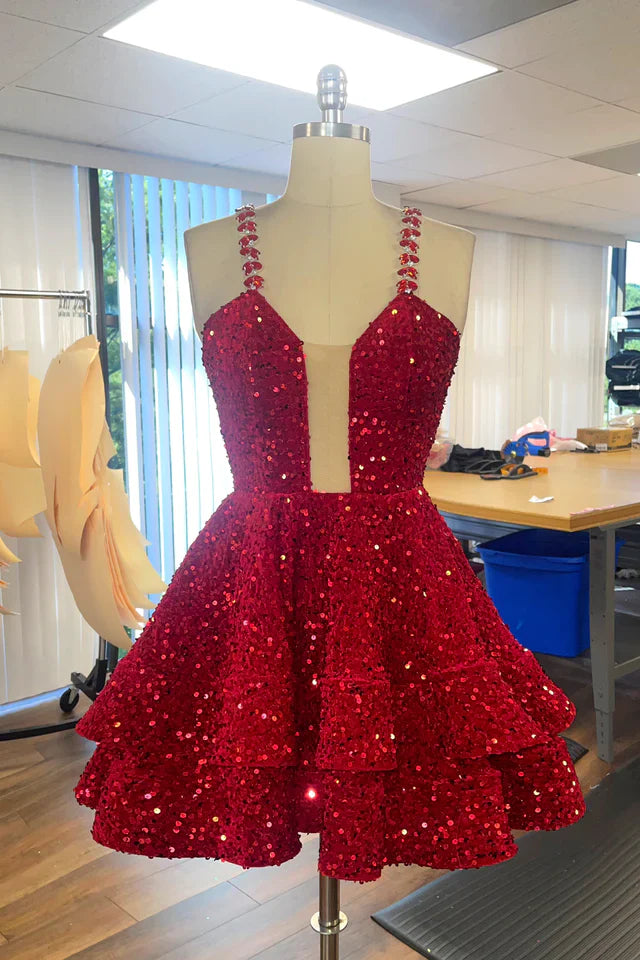 Quyihu Dress Spaghetti Straps Pink Tiered Sequin A-line Short Dress Homecoming Dress
