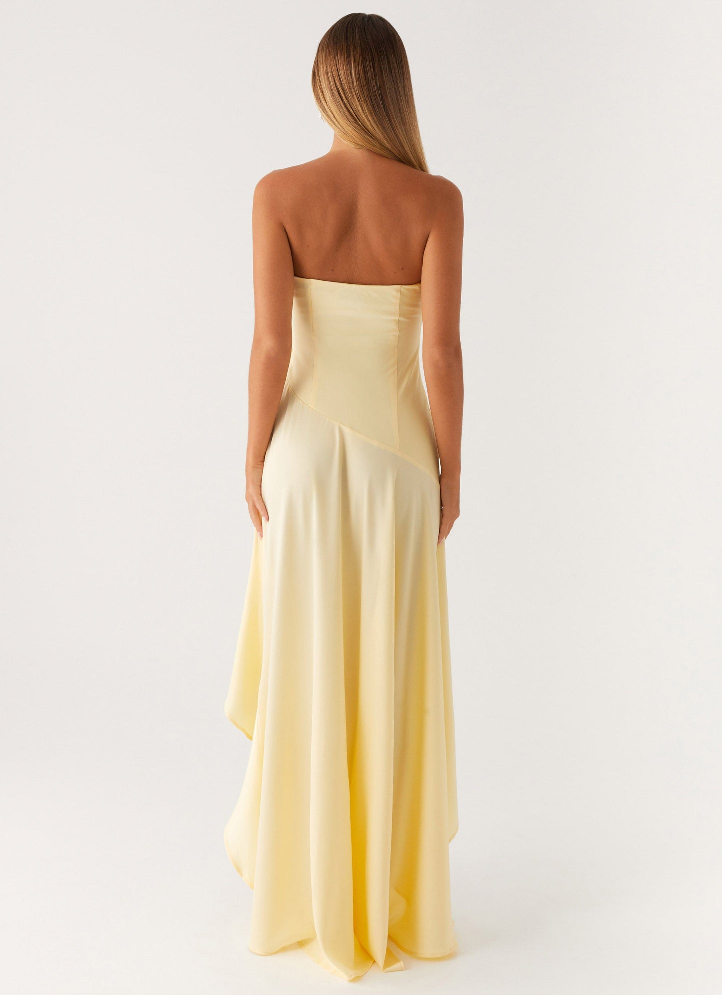 Quyihu Dress Strapless Maxi Dress Sleeveless Yellow Chic Backless Satin Prom Dress With Irregular Hight Slit