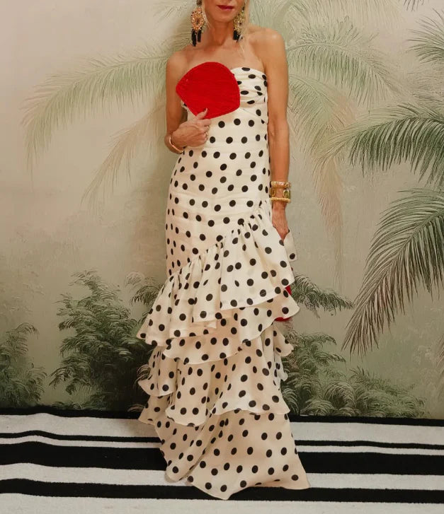 Quyihu Dress Strapless Polka Dots Dress Tiered Fashion Prom Evening Dresses For Women