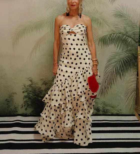 Quyihu Dress Strapless Polka Dots Dress Tiered Fashion Prom Evening Dresses For Women