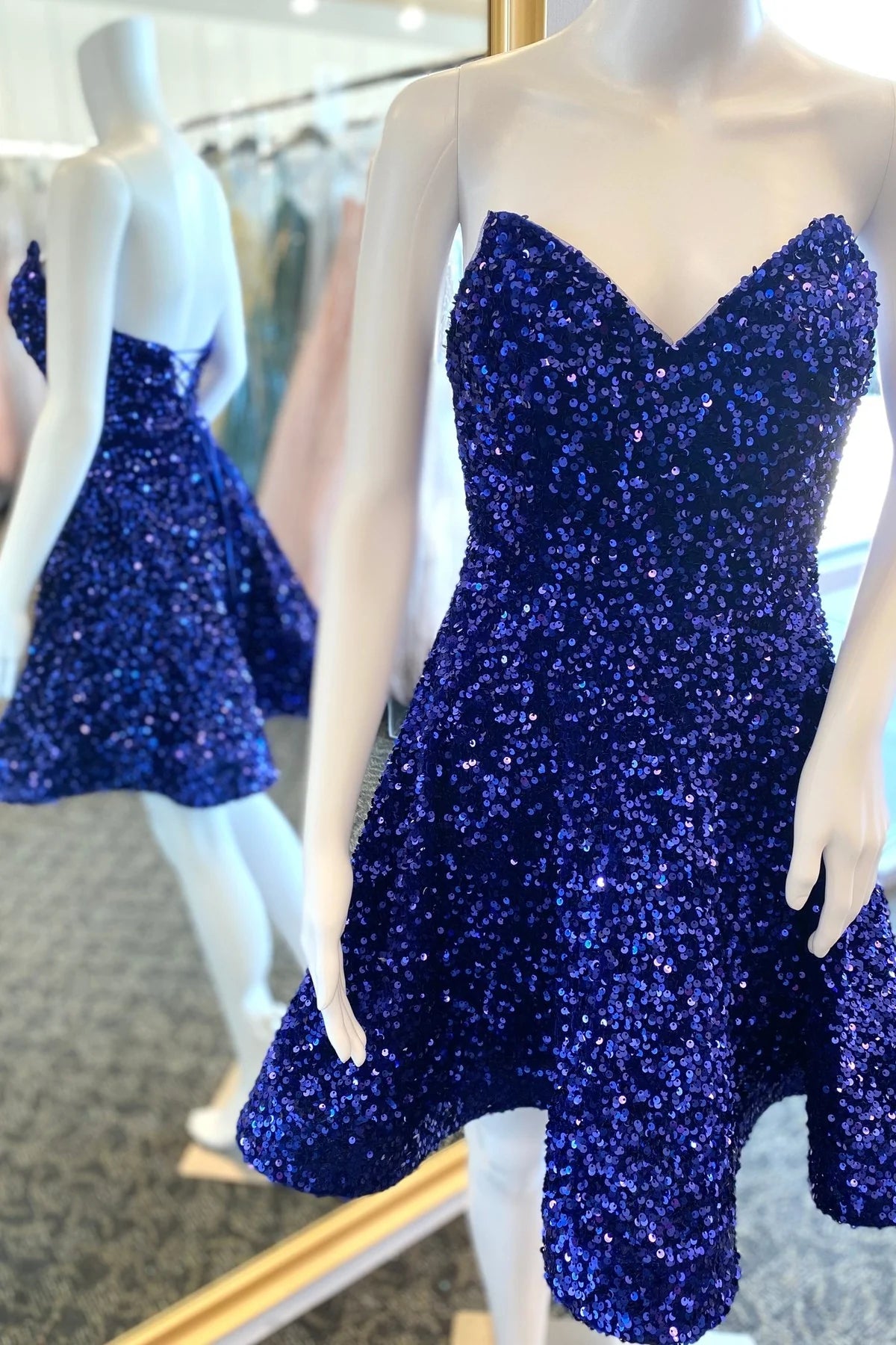Quyihu Dress Strapless Royal Blue Sequin Short Party Dress Homecoming Dress