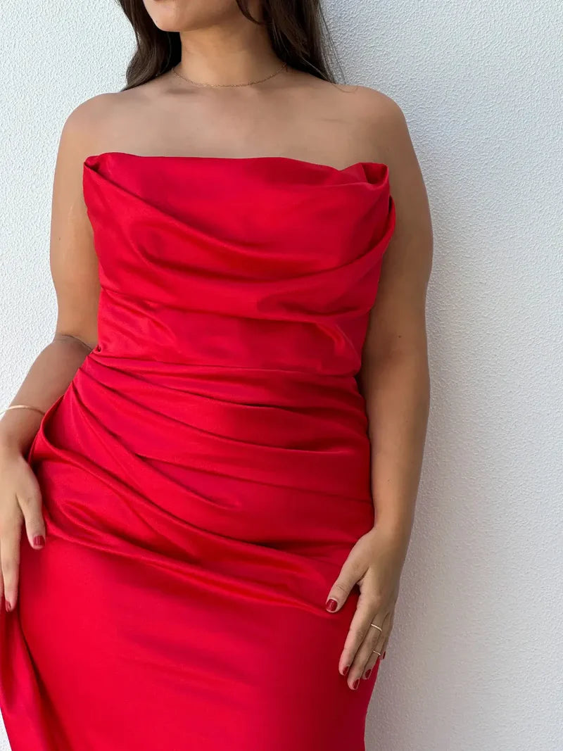 Quyihu Dress Strapless Sleeveless Red Floor-length Ball Gown Prom Dress