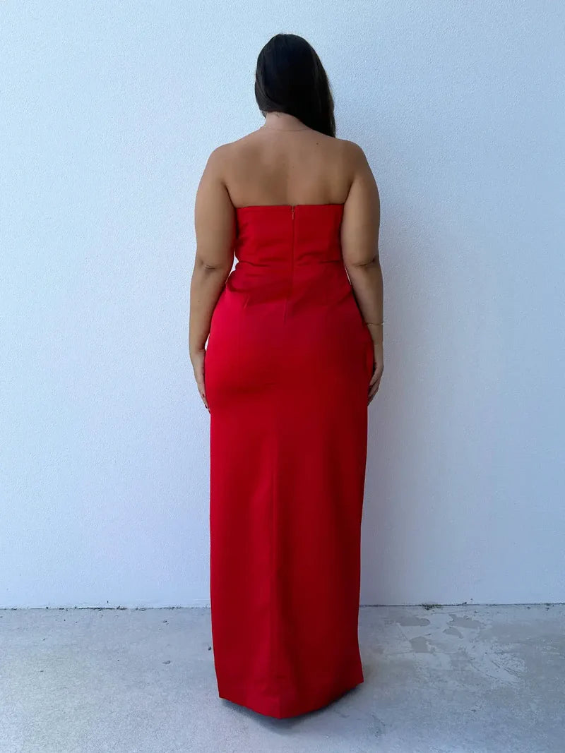 Quyihu Dress Strapless Sleeveless Red Floor-length Ball Gown Prom Dress
