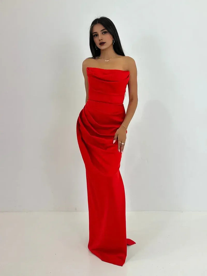 Quyihu Dress Strapless Sleeveless Red Floor-length Ball Gown Prom Dress