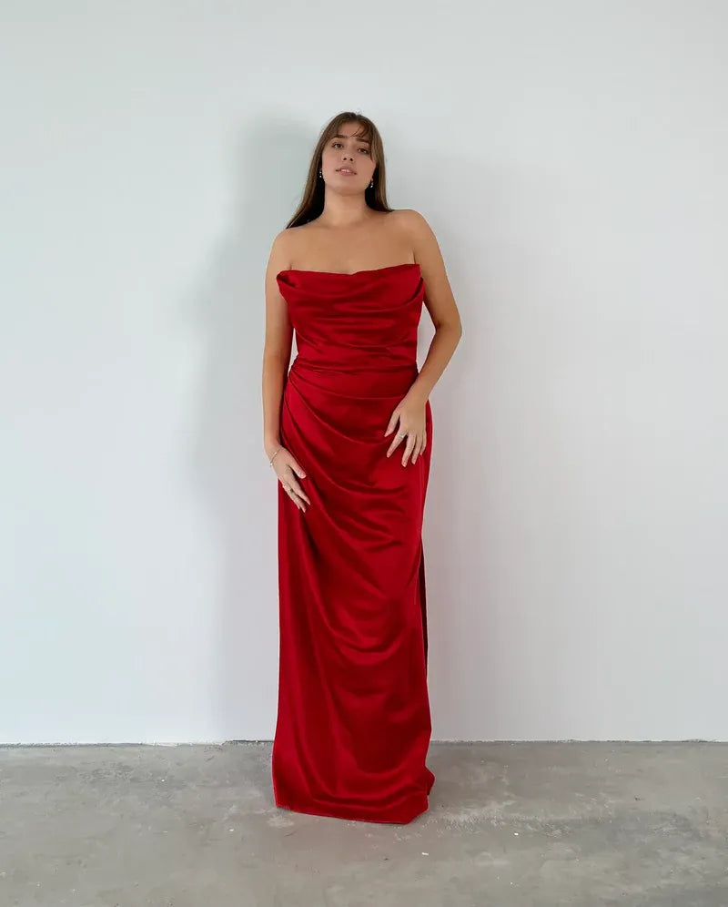 Quyihu Dress Strapless Sleeveless Red Floor-length Ball Gown Prom Dress
