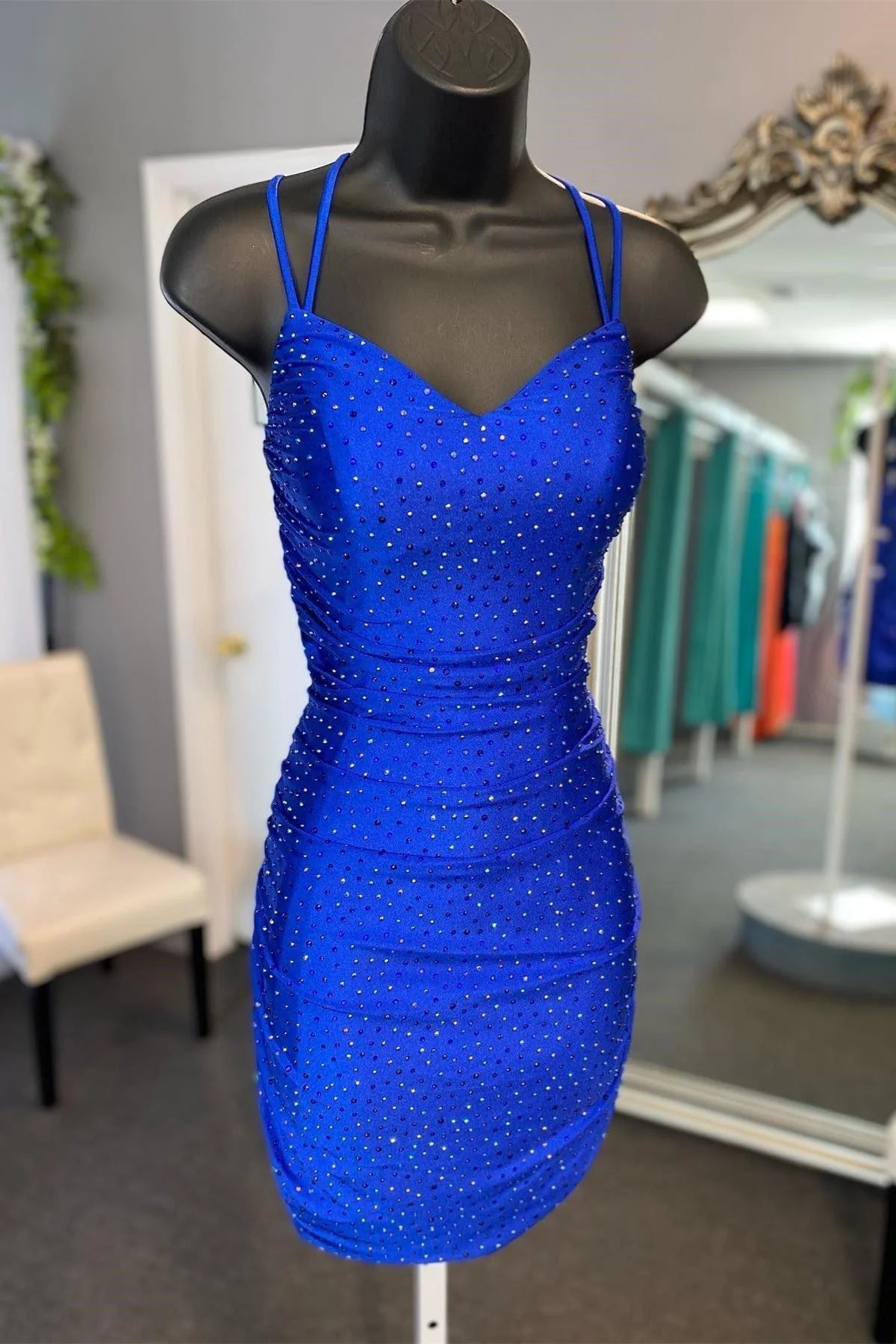 Quyihu Dress Spaghetti Straps Navy Blue Beaded Bodycon Short Dress Homecoming Dress