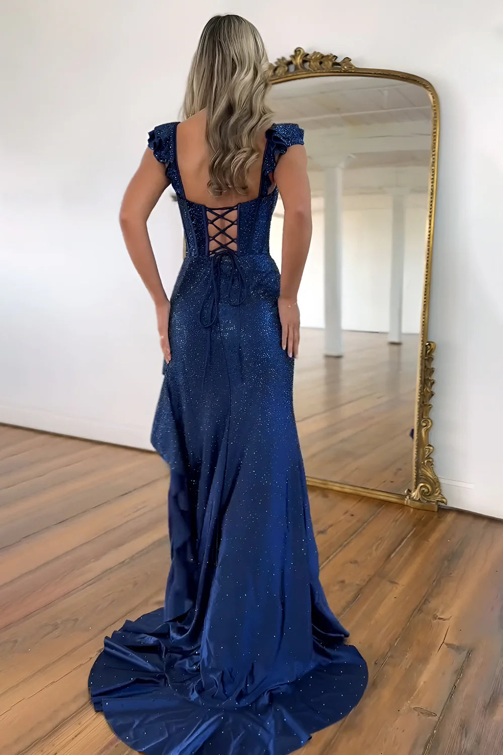 Quyihu Dress Stylish Glitter Mermaid Lace Up Long Beaded Prom Dress with Ruffles