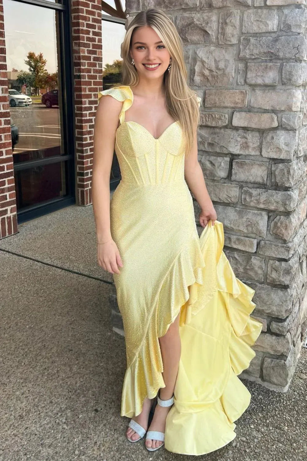 Quyihu Dress Stylish Glitter Mermaid Lace Up Long Beaded Prom Dress with Ruffles