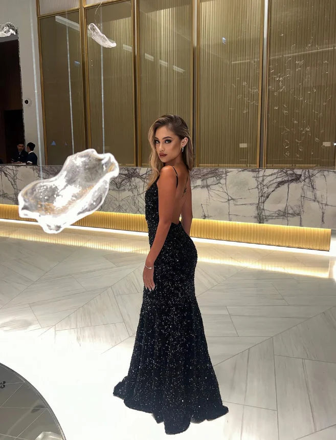 Quyihu Dress Unique Mermaid Spaghetti Strap Black Sequin Open Back Long Sweep Prom Dress Sleeveless Party Dress
