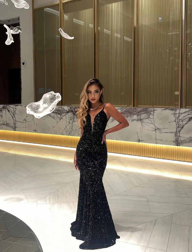 Quyihu Dress Unique Mermaid Spaghetti Strap Black Sequin Open Back Long Sweep Prom Dress Sleeveless Party Dress