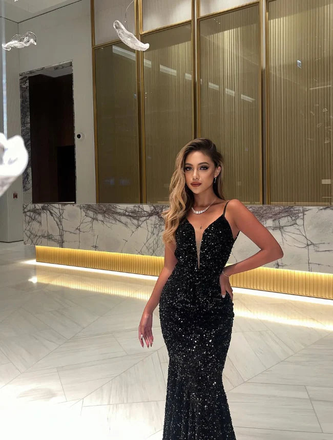 Quyihu Dress Unique Mermaid Spaghetti Strap Black Sequin Open Back Long Sweep Prom Dress Sleeveless Party Dress