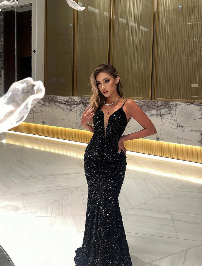 Quyihu Dress Unique Mermaid Spaghetti Strap Black Sequin Open Back Long Sweep Prom Dress Sleeveless Party Dress