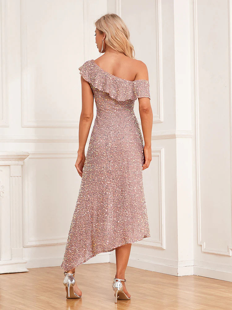 Quyihu Dress Versatile Shimmering Asymmetrical Cap Sleeve Sheath Midi Evening Dress Sparkling Elegant Prom Dress
