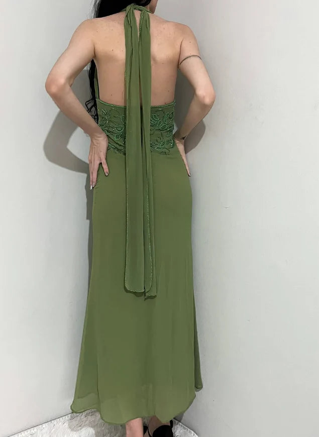 Quyihu Dress Vintage Sheath Halter Green Beaded Chiffon Open Back Evening Dress Sleeveless Prom Dress