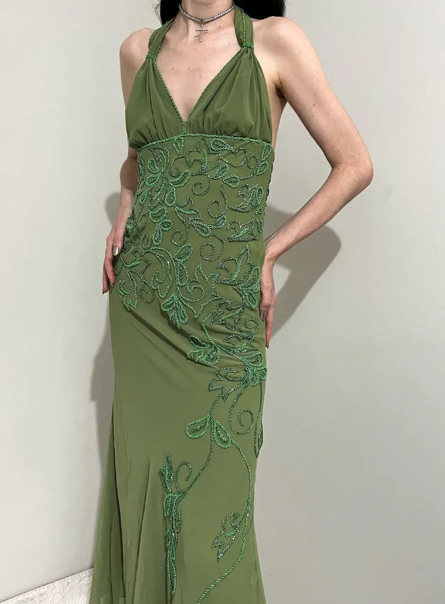 Quyihu Dress Vintage Sheath Halter Green Beaded Chiffon Open Back Evening Dress Sleeveless Prom Dress