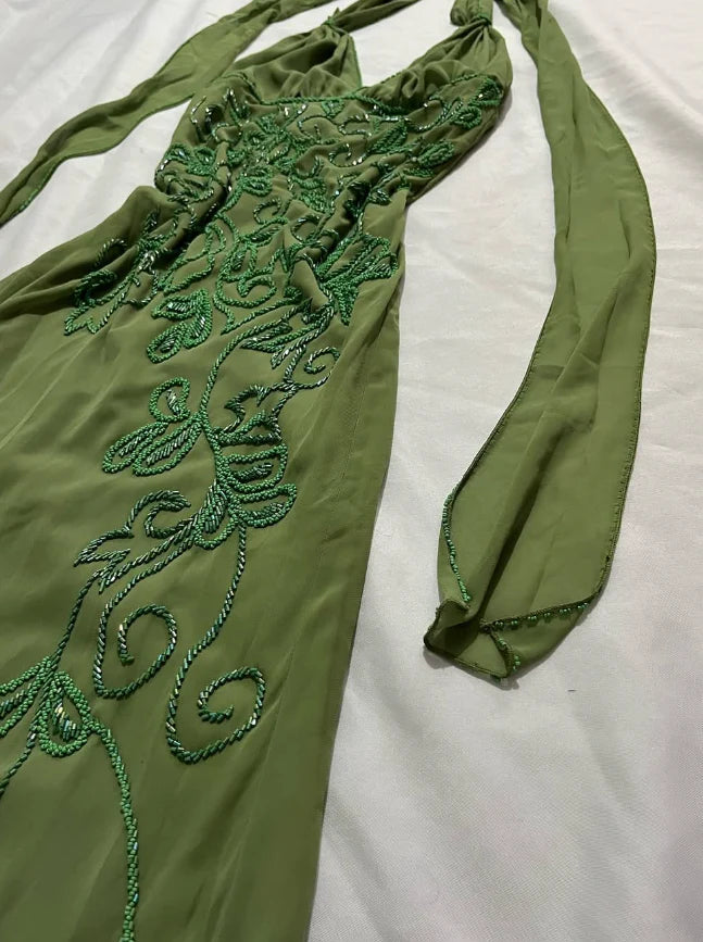 Quyihu Dress Vintage Sheath Halter Green Beaded Chiffon Open Back Evening Dress Sleeveless Prom Dress