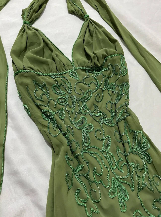 Quyihu Dress Vintage Sheath Halter Green Beaded Chiffon Open Back Evening Dress Sleeveless Prom Dress