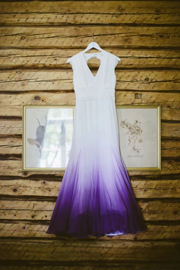 Quyihu Dress V neck Ombre Formal Prom Dress A Line Open Back Lace Wedding Party Gown