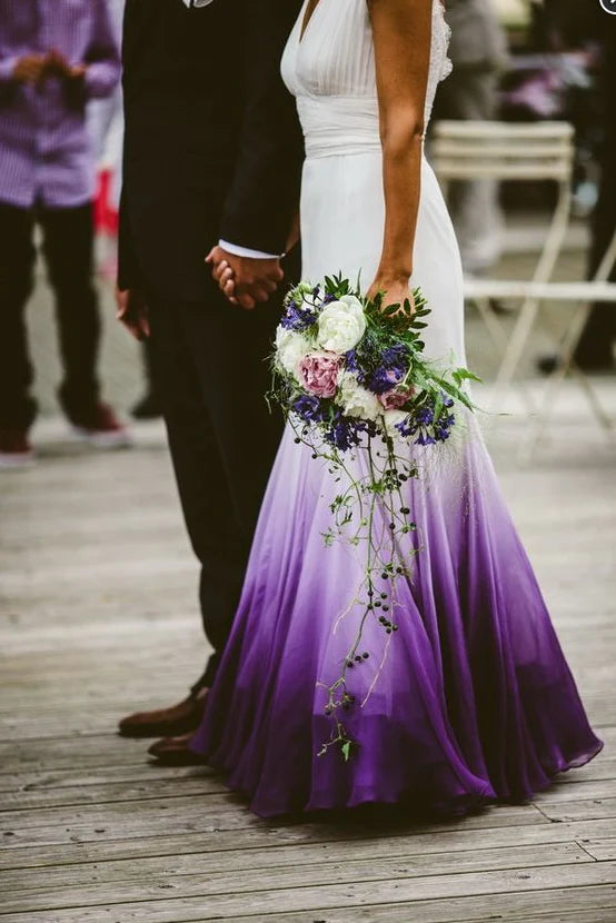 Quyihu Dress V neck Ombre Formal Prom Dress A Line Open Back Lace Wedding Party Gown