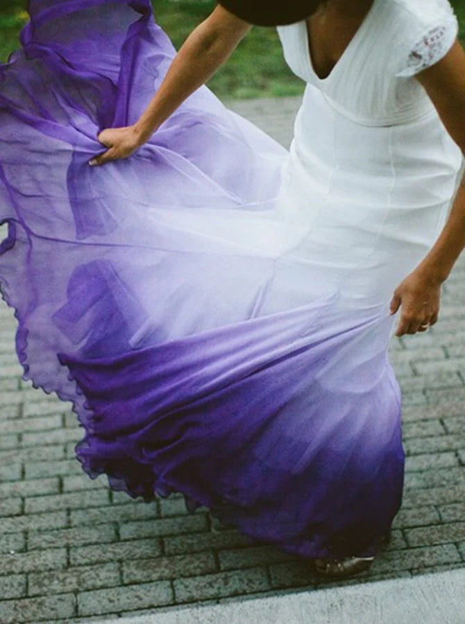 Quyihu Dress V neck Ombre Formal Prom Dress A Line Open Back Lace Wedding Party Gown