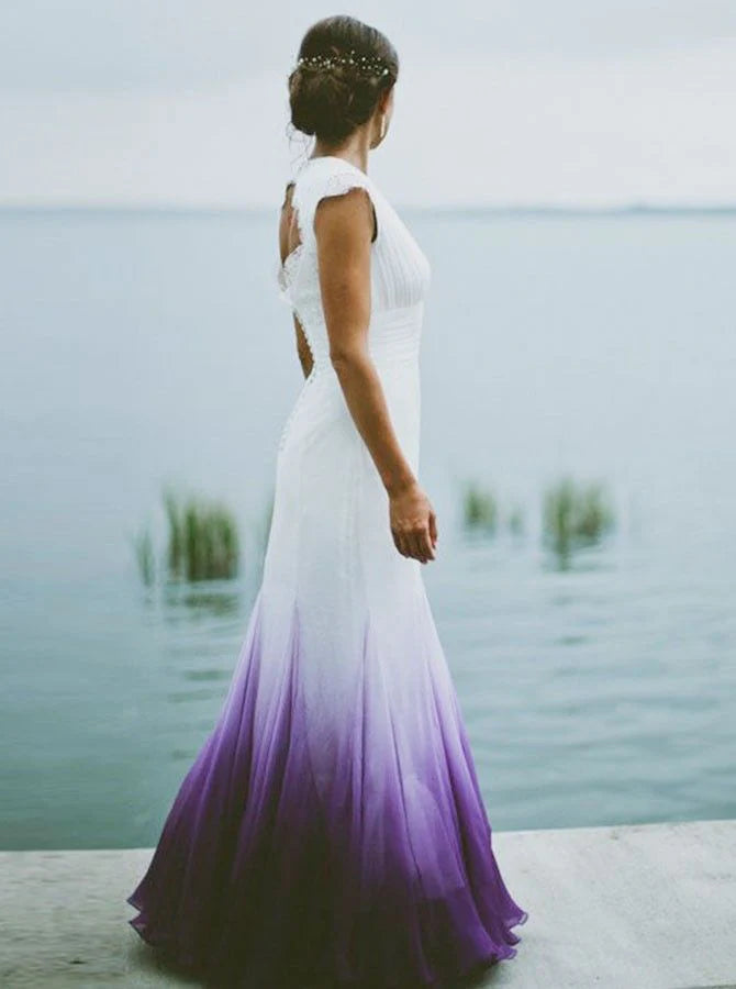 Quyihu Dress V neck Ombre Formal Prom Dress A Line Open Back Lace Wedding Party Gown