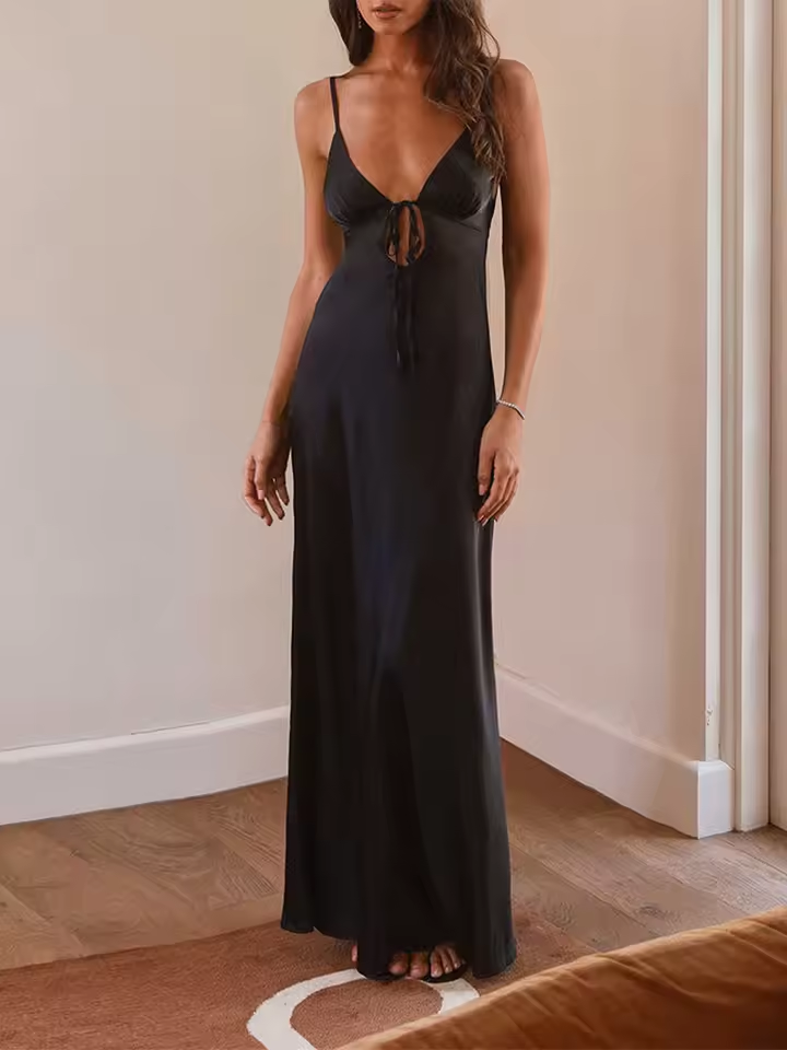 Quyihu Dress Women Satin Maxi Dress Spaghetti Strap Solid V Neck Cutout Long Dress Bodycon Backless Party Prom Dress
