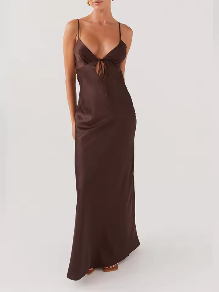 Quyihu Dress Women Satin Maxi Dress Spaghetti Strap Solid V Neck Cutout Long Dress Bodycon Backless Party Prom Dress