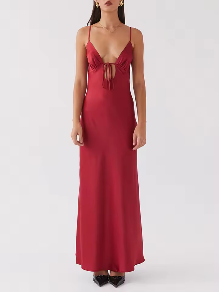 Quyihu Dress Women Satin Maxi Dress Spaghetti Strap Solid V Neck Cutout Long Dress Bodycon Backless Party Prom Dress