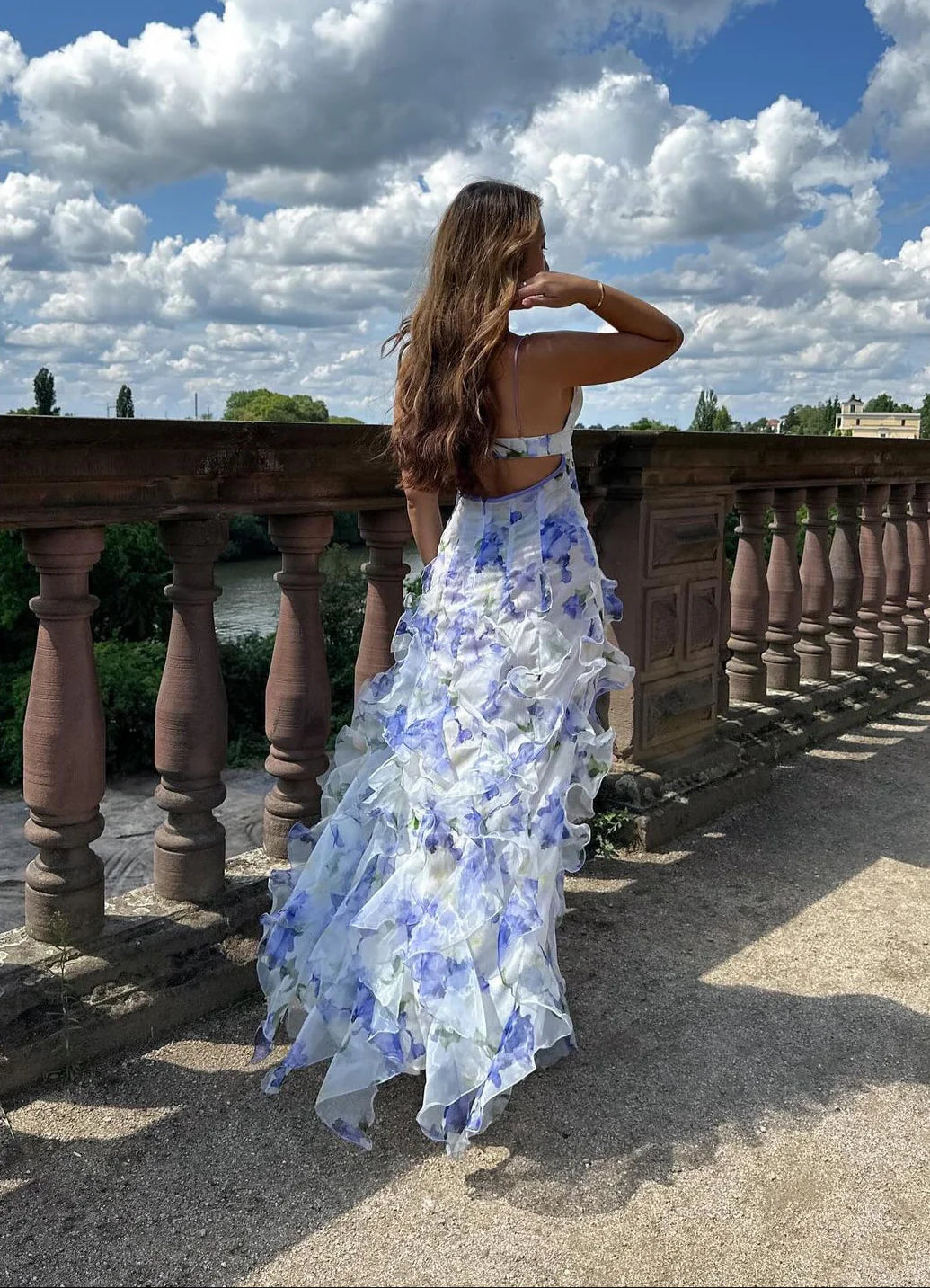 Quyihu Dress Women's Sexy V Neck Sleeveless Bodycon Backless Floral Print Long Dress Evening Summer Blue Prom Dress