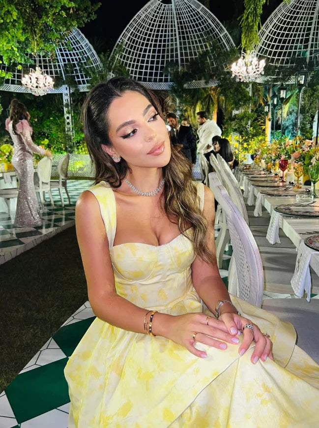 Quyihu Dress Yellow Layered Satin Long A Line Prom Dress Floor Length Sleeveless Evening Dress