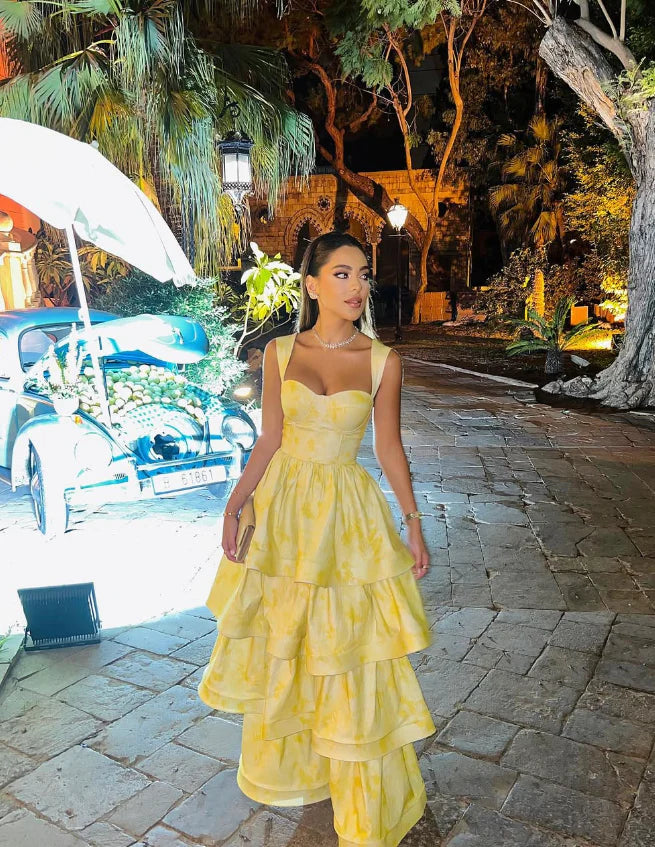 Quyihu Dress Yellow Layered Satin Long A Line Prom Dress Floor Length Sleeveless Evening Dress
