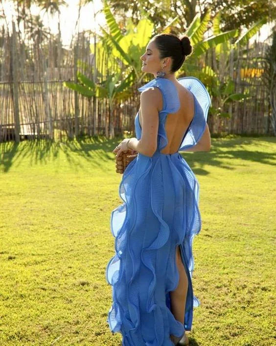Quyihu Prom Clothing Unique A-Line Ruffles Prom Dresses Backless Evening Party Dress