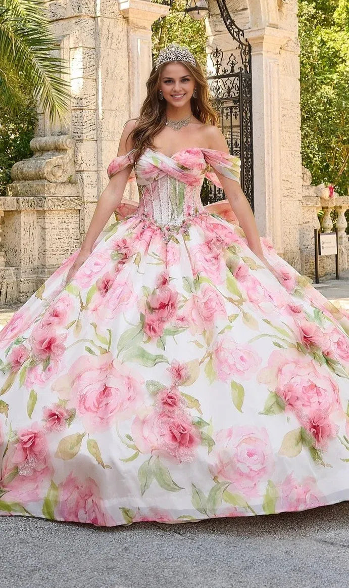 Quyihu Quinceanera Dress Floral Print Tulle Off The Shoulder A-line Ball Gown With Sweetheart Neckline And Bow Detail Formal Wear Dresses
