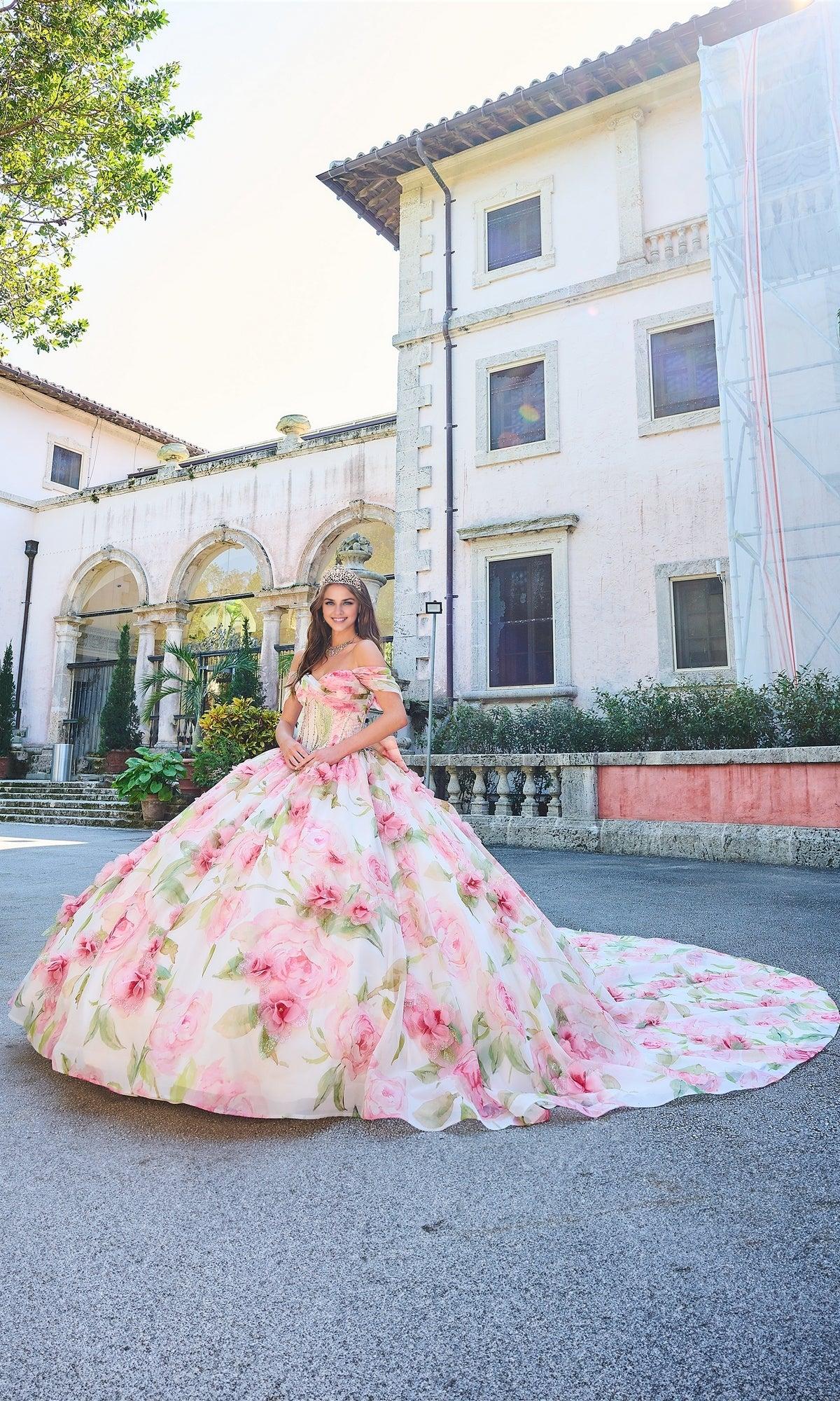 Quyihu Quinceanera Dress Floral Print Tulle Off The Shoulder A-line Ball Gown With Sweetheart Neckline And Bow Detail Formal Wear Dresses