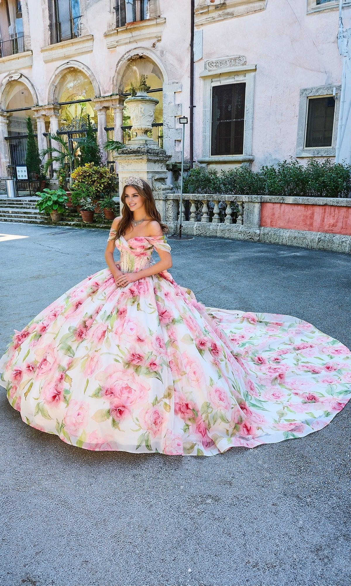 Quyihu Quinceanera Dress Floral Print Tulle Off The Shoulder A-line Ball Gown With Sweetheart Neckline And Bow Detail Formal Wear Dresses