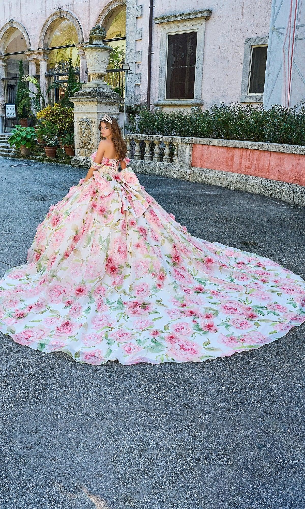 Quyihu Quinceanera Dress Floral Print Tulle Off The Shoulder A-line Ball Gown With Sweetheart Neckline And Bow Detail Formal Wear Dresses