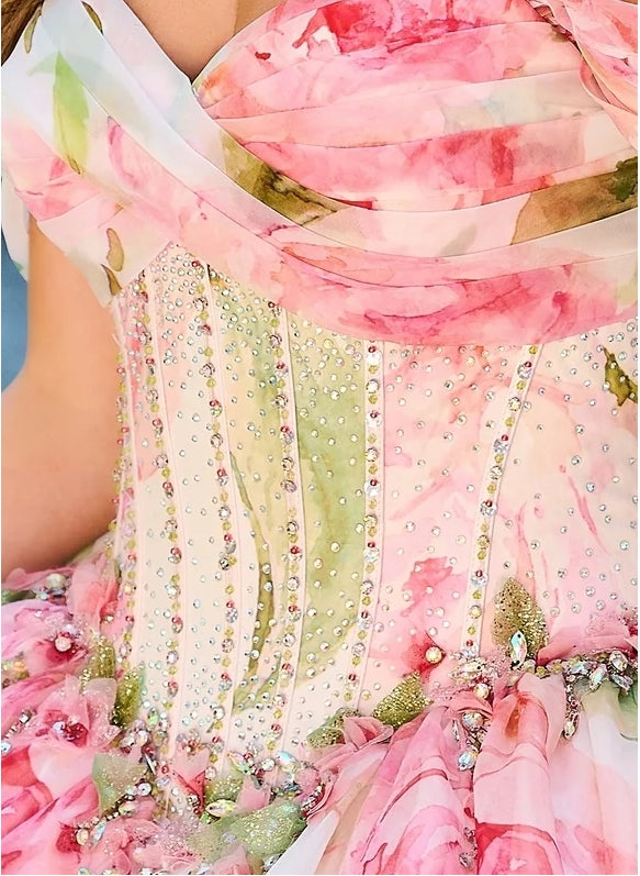 Quyihu Quinceanera Dress Floral Print Tulle Off The Shoulder A-line Ball Gown With Sweetheart Neckline And Bow Detail Formal Wear Dresses