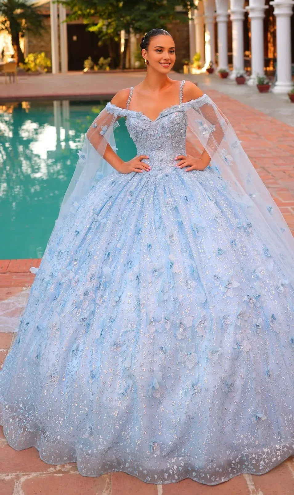 Quyihu Quinceanera Dress Long Pastel Off The Shoulder Ball Gown With 3d Floral Details And Sheer Cape Sleeves Formal Wear Dresses