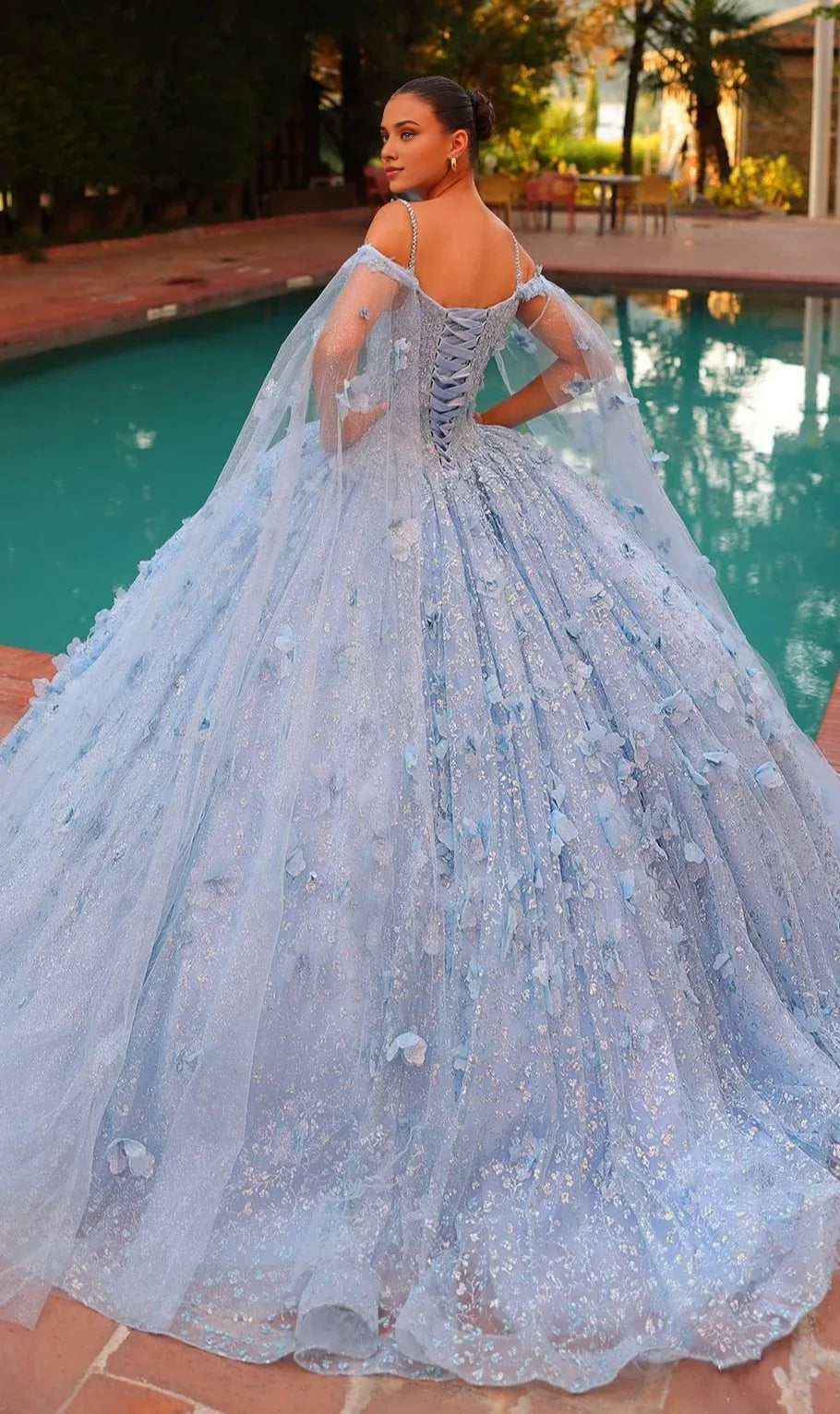 Quyihu Quinceanera Dress Long Pastel Off The Shoulder Ball Gown With 3d Floral Details And Sheer Cape Sleeves Formal Wear Dresses