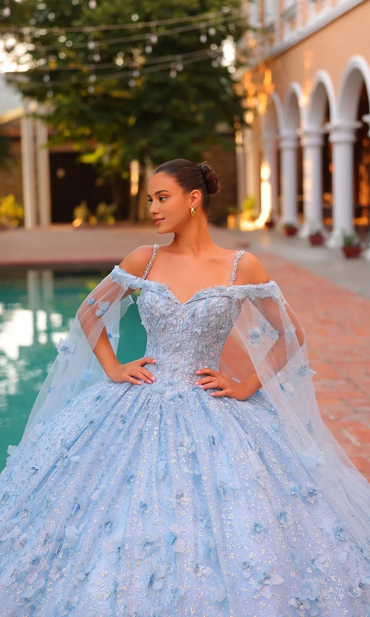 Quyihu Quinceanera Dress Long Pastel Off The Shoulder Ball Gown With 3d Floral Details And Sheer Cape Sleeves Formal Wear Dresses