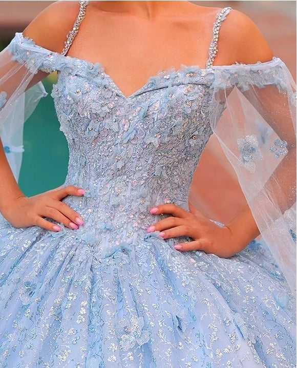 Quyihu Quinceanera Dress Long Pastel Off The Shoulder Ball Gown With 3d Floral Details And Sheer Cape Sleeves Formal Wear Dresses