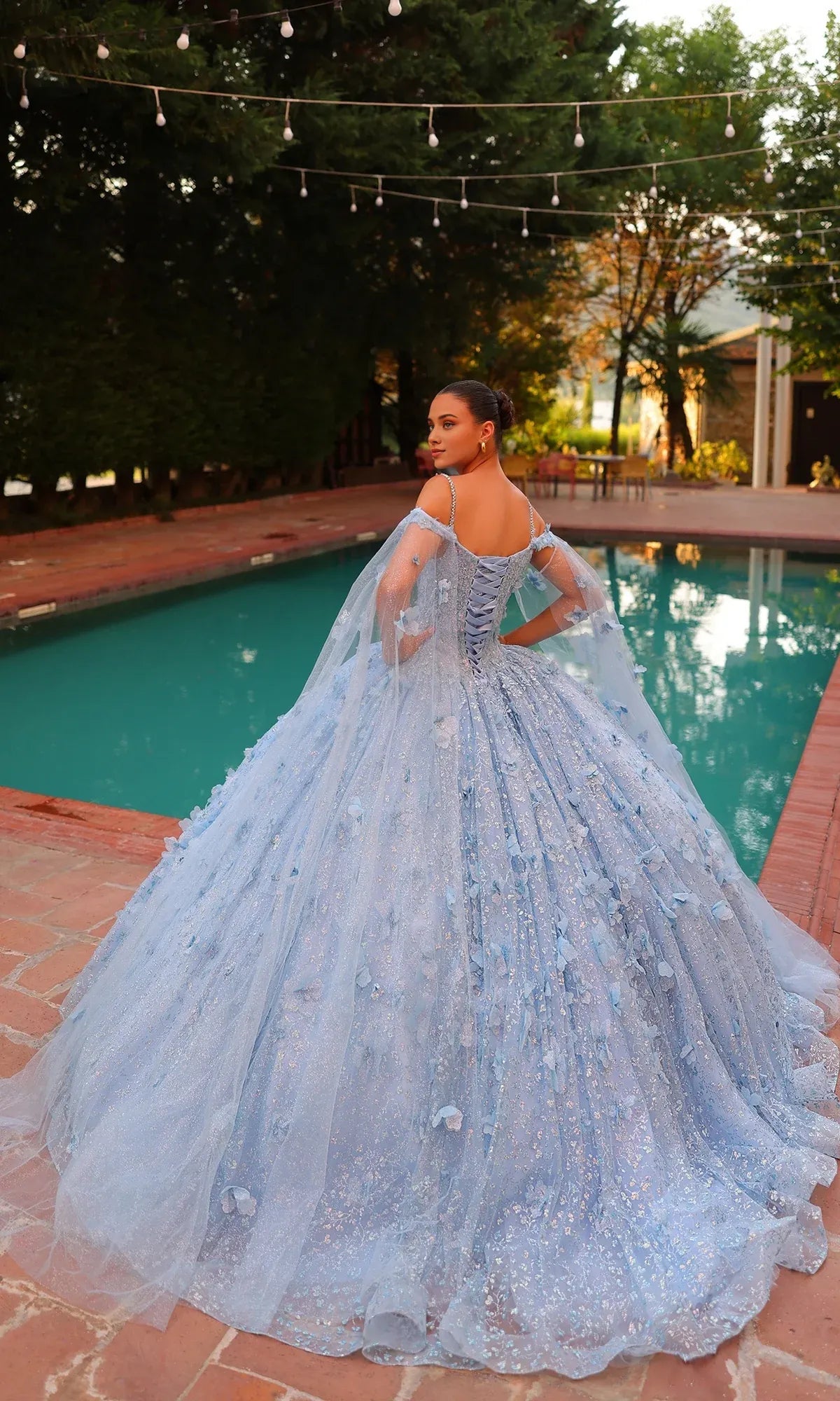 Quyihu Quinceanera Dress Long Pastel Off The Shoulder Ball Gown With 3d Floral Details And Sheer Cape Sleeves Formal Wear Dresses
