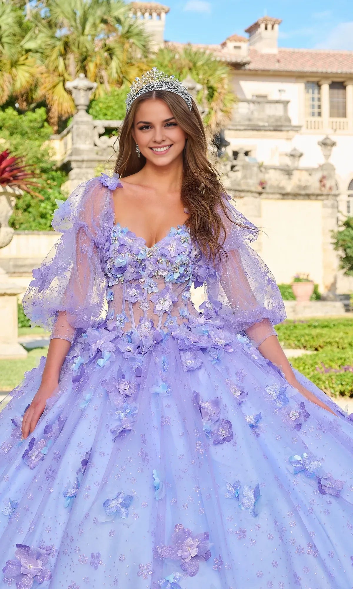 Quyihu Quinceanera Dress Puff Sleeve Glitter Tulle A-line Ball Gown With Sweetheart Neckline And Floral Embellishment Formal Wear Dresses