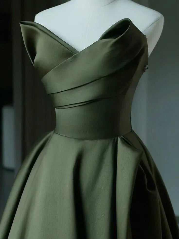 Regal Ballgown Off-Shoulder Lace-Up Satin Olive Green Maxi Evening Dress for Women