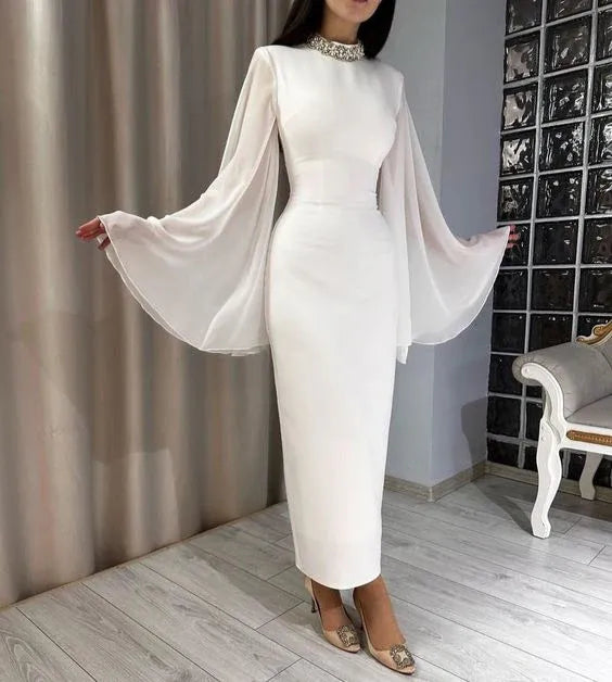 Regal Chiffon Midi Evening Dress White High Neck Bell Sleeves for Women