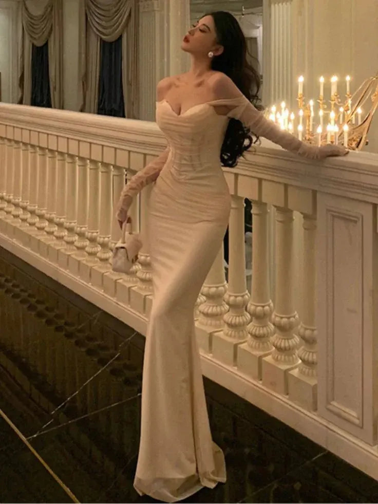 Regal Mermaid Off-Shoulder Sheer Long-Sleeve Satin Champagne Maxi Evening Dress for Women