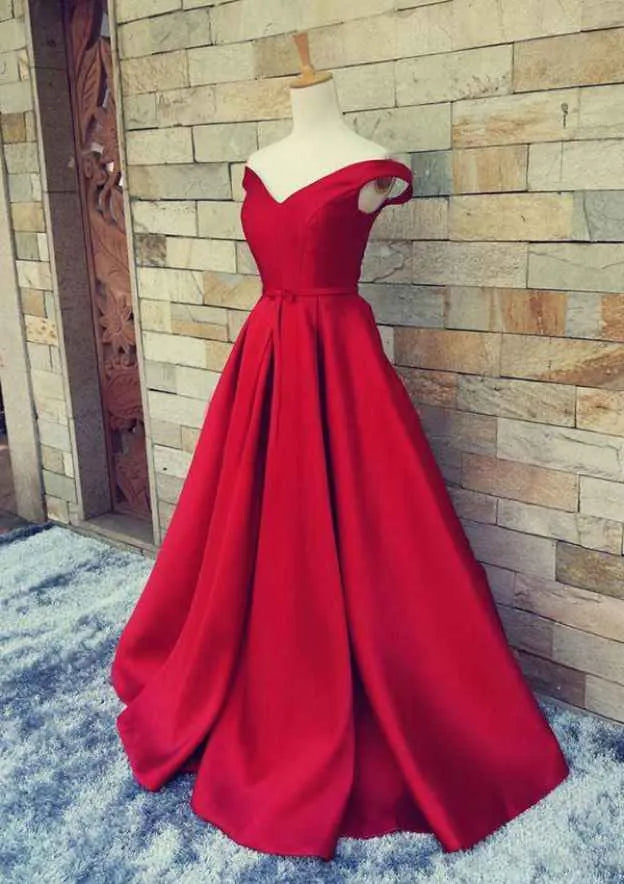 Regal Satin Long Evening Dress Red Off-Shoulder Sleeveless Party Gown for Women